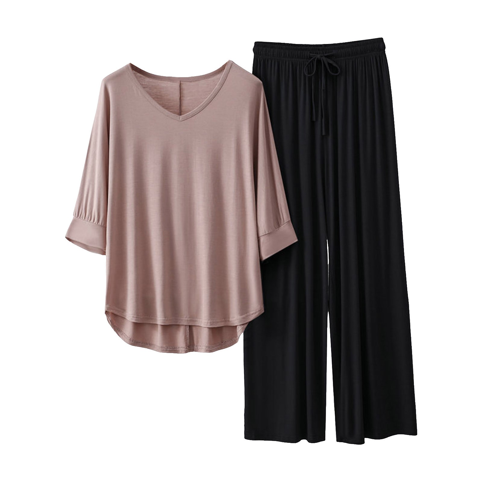 thumbnail image 4 of Conjunto de pijama con cuello en V para mujer: top de manga 3/4 y pantalones anchos, color liso, ropa de dormir ligera, tallas L/XL, 4 of 4